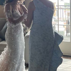 One shoulder, floor length gown in baby blue